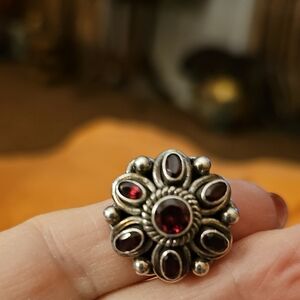 Nicky Butler Silver Floral Ring with Deep Red Stones